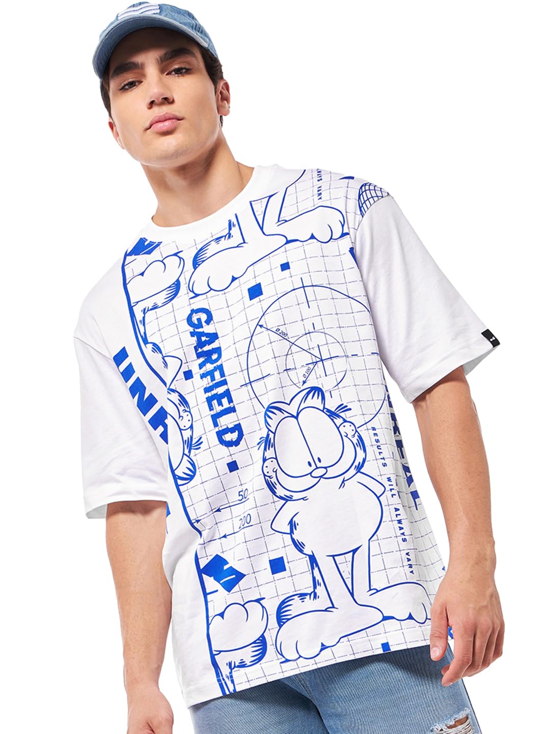 Bewakoof Official Garfield Merchandise Mens Graphic Printed Oversized Fit Half Sleeve Round Neck Cotton Jersey T-Shirt_637260_W