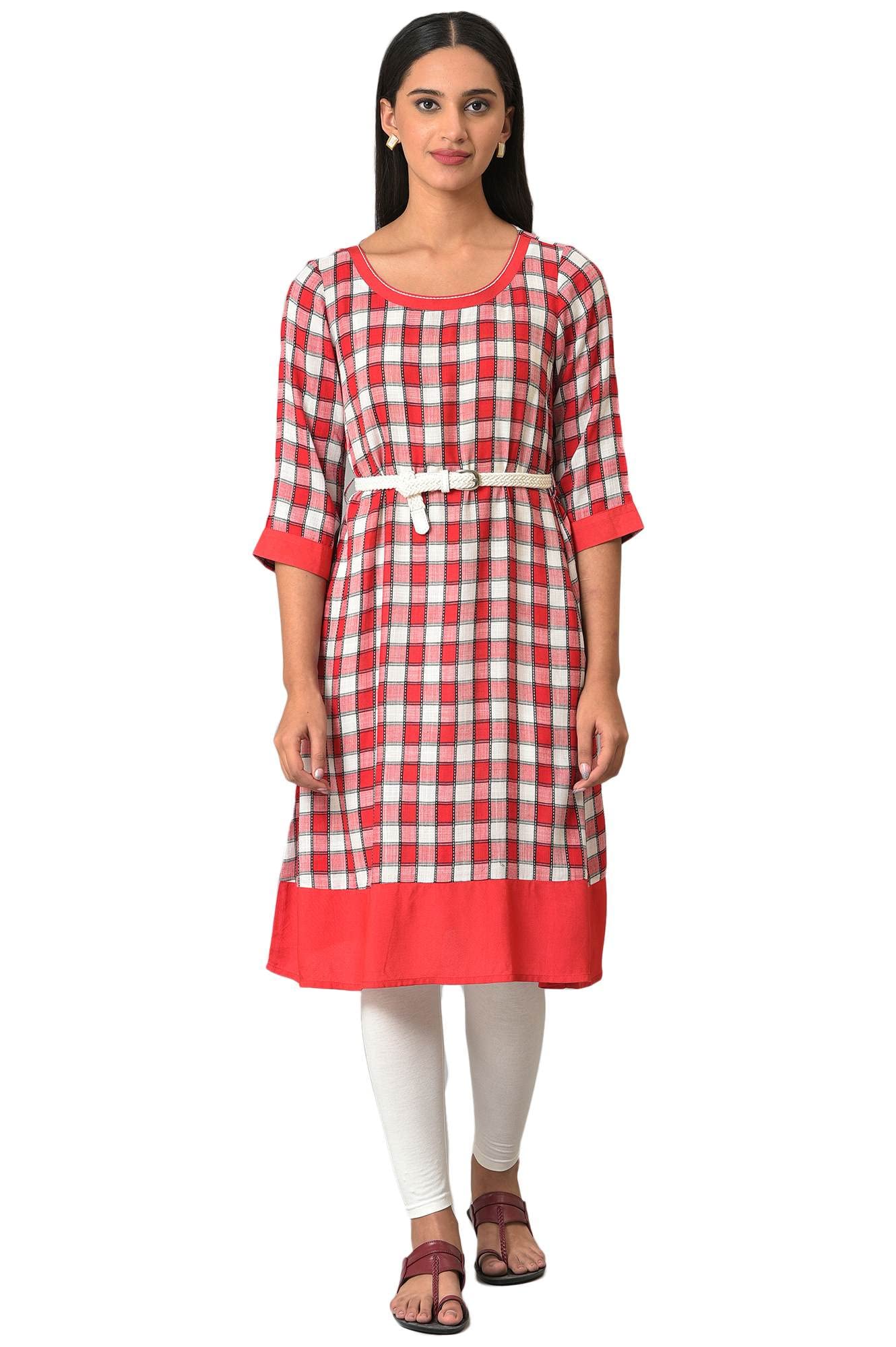 Aurelia Women'S Rayon Solid Regular Red Checker Dobby Kurta With Belt (23Fea13418-702610