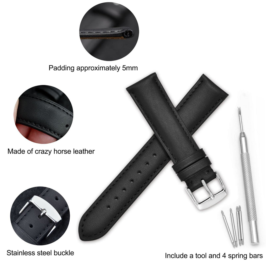 WOCCI 18mm Vintage Leather Watch Band for Men and Women, Silver Buckle (Black)