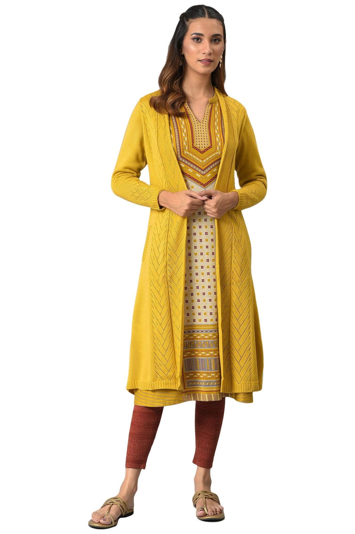 Yellow Acrylic Women Cardigan