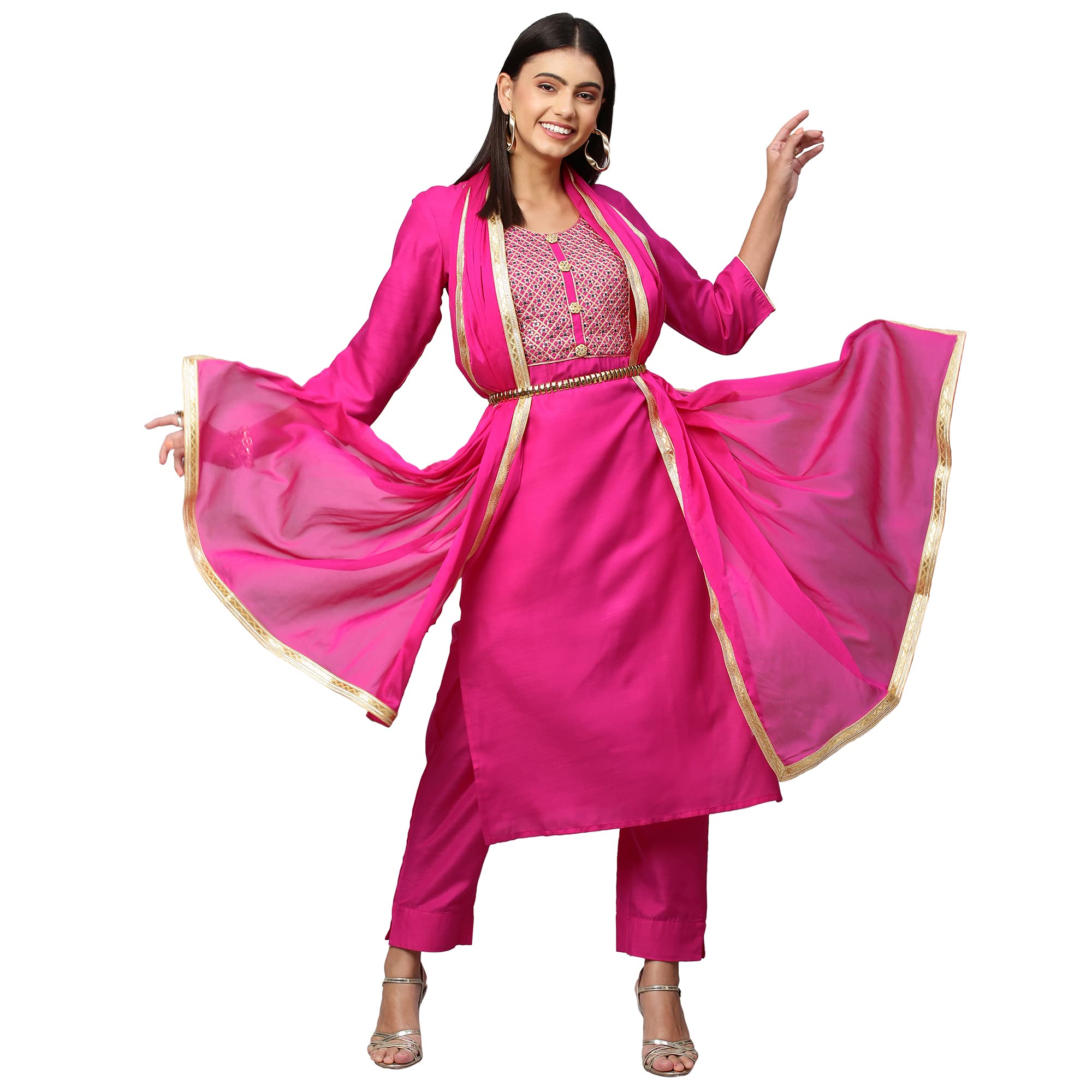 ANNI DESIGNER Womens Cotton Blend Embroidered Straight Kurta with Pant & Dupatta (Lissy New) Pink