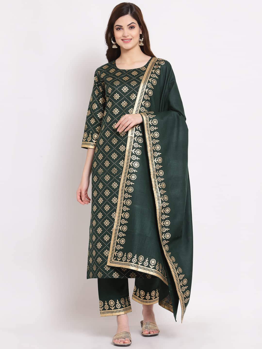 Anni Designer Women'S Straight Cotton Kurta With Palazzo & Dupatta (Navlik-Dark Green-001_S_Dark Green_Small)