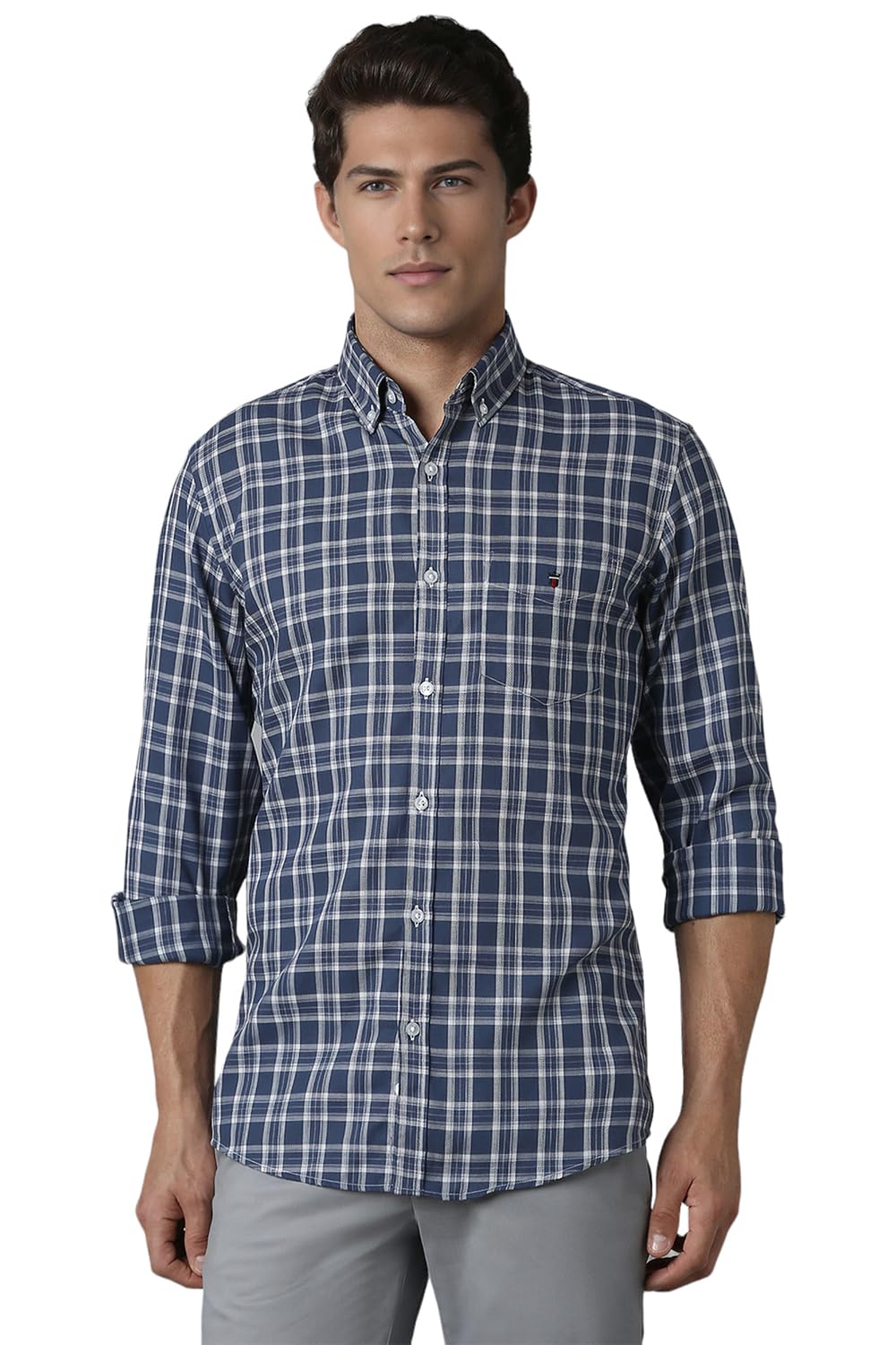 Louis Philippe Men Navy Slim Check Full Sleeves Casual Shirt
