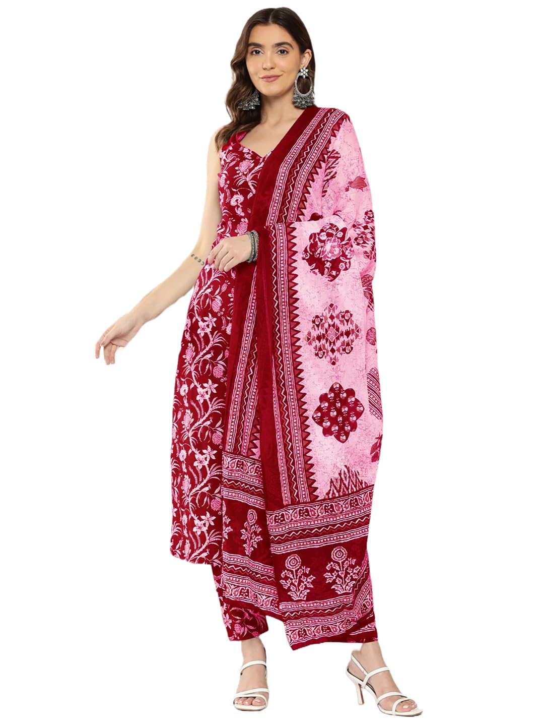 ANNI DESIGNER Womens Rayon Blend Straight Printed Kurta with Pant & Dupatta (Ball-Pink_L_Pink_Large)