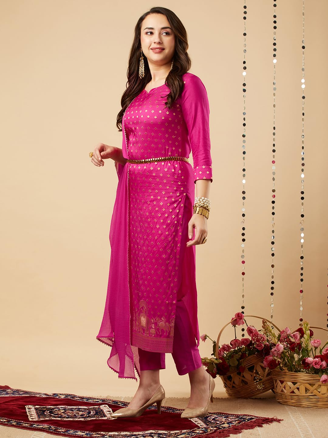 Anni Designer Women'S Cotton Blend Printed Straight Kurta With Pant & Dupatta (Zaklina Rani_M_Pink_Medium)