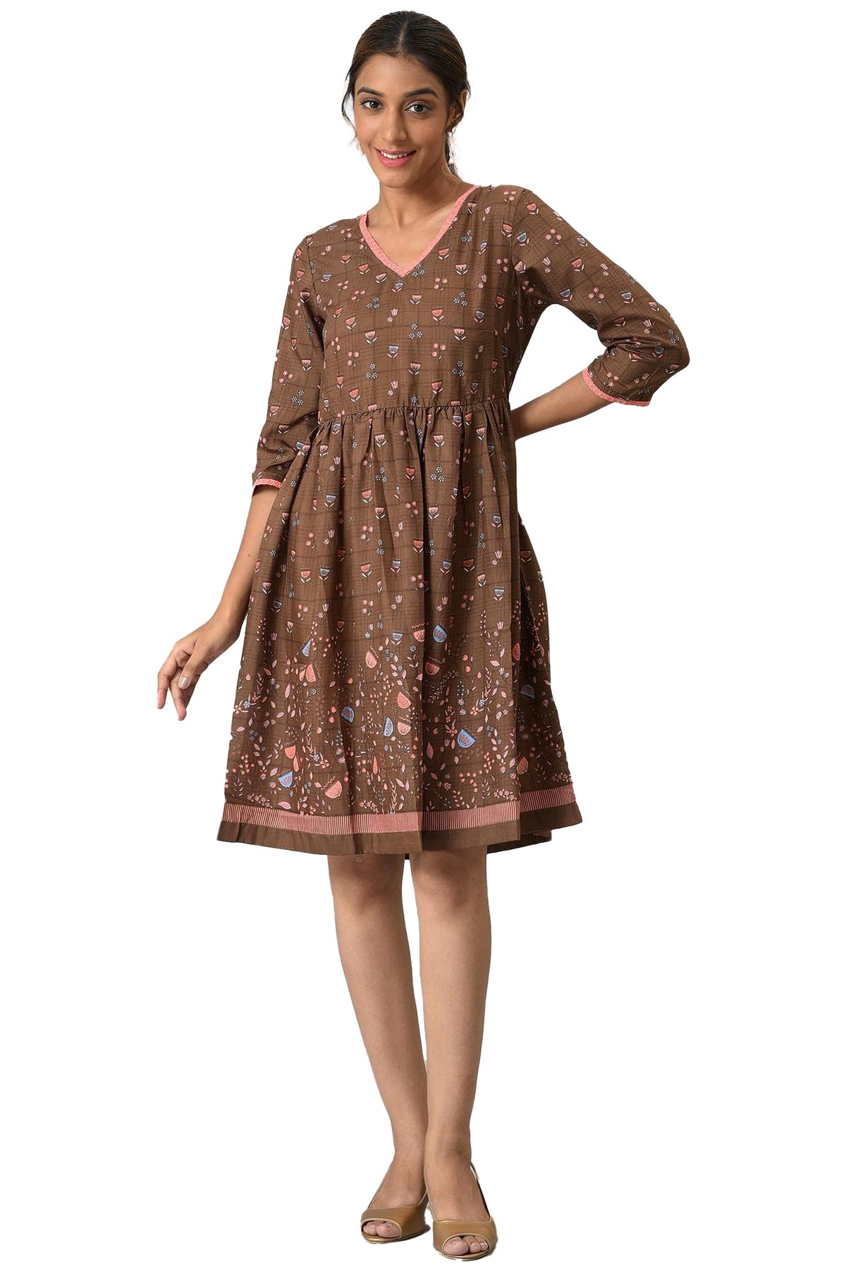 Aurelia Womens Polyester Fit and Flare Knee-Length Casual Dress (22ONA13070-505324_Brown