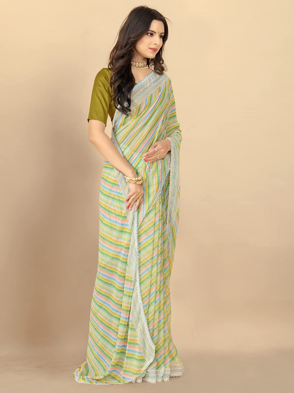 rangita Women Leheria Striped Georgette Saree With Blouse Piece