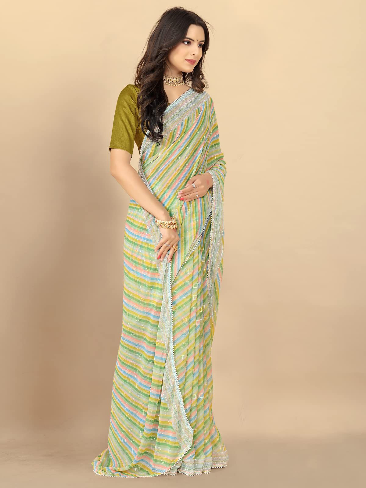 rangita Women Leheria Striped Georgette Saree With Blouse Piece