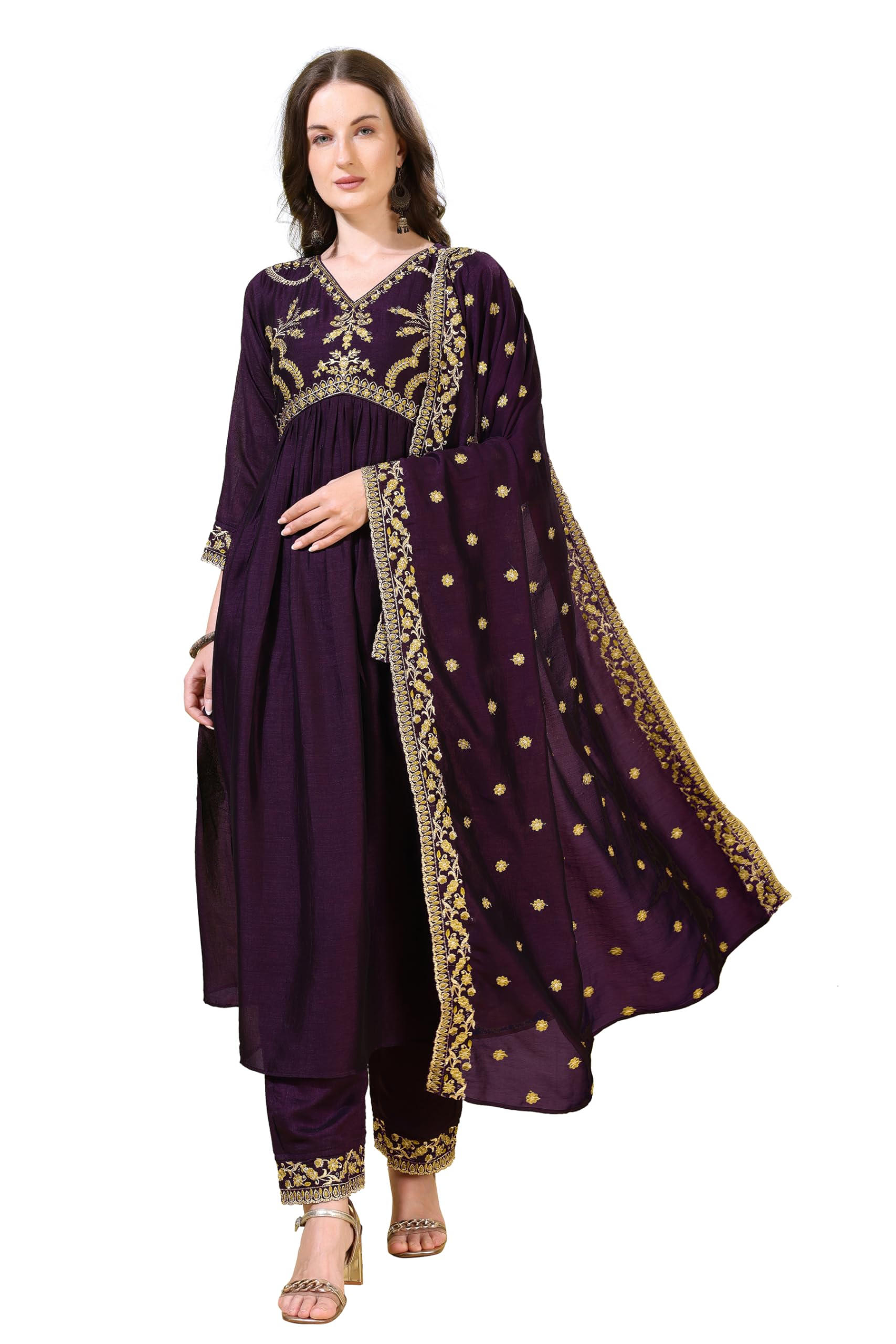 Pratham Blue WomenS Silk Embroidered Anarkali Kurta Palazzos With Dupatta |Kurta Set For Women |Women Kurta |Women Embroidered 