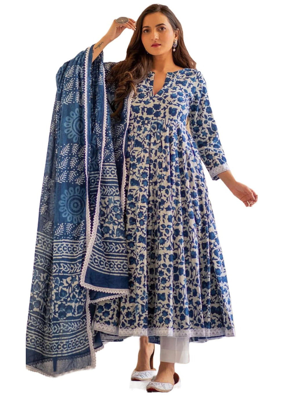 ANNI DESIGNER Womens Rayon Blend Anarkali Printed Kurta with Pant & Dupatta (YUTIKA Blue_XXL_Blue_XX-Large)