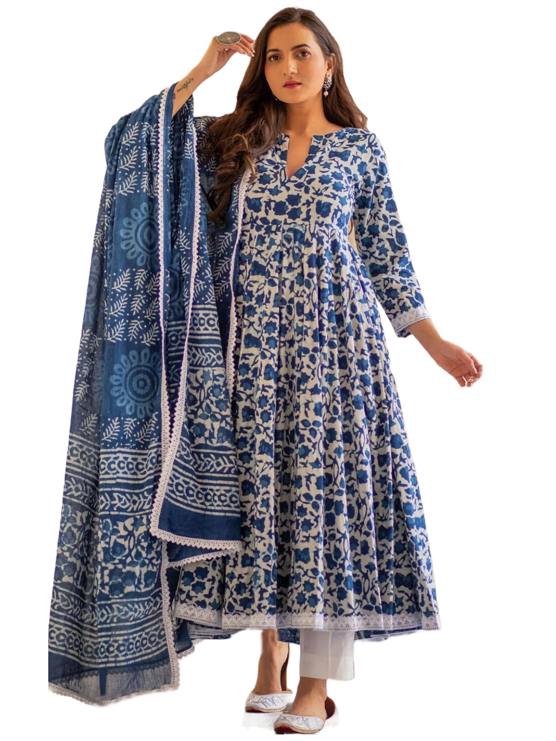 ANNI DESIGNER Womens Rayon Blend Anarkali Printed Kurta with Pant & Dupatta (YUTIKA Blue_S_Blue_Small)