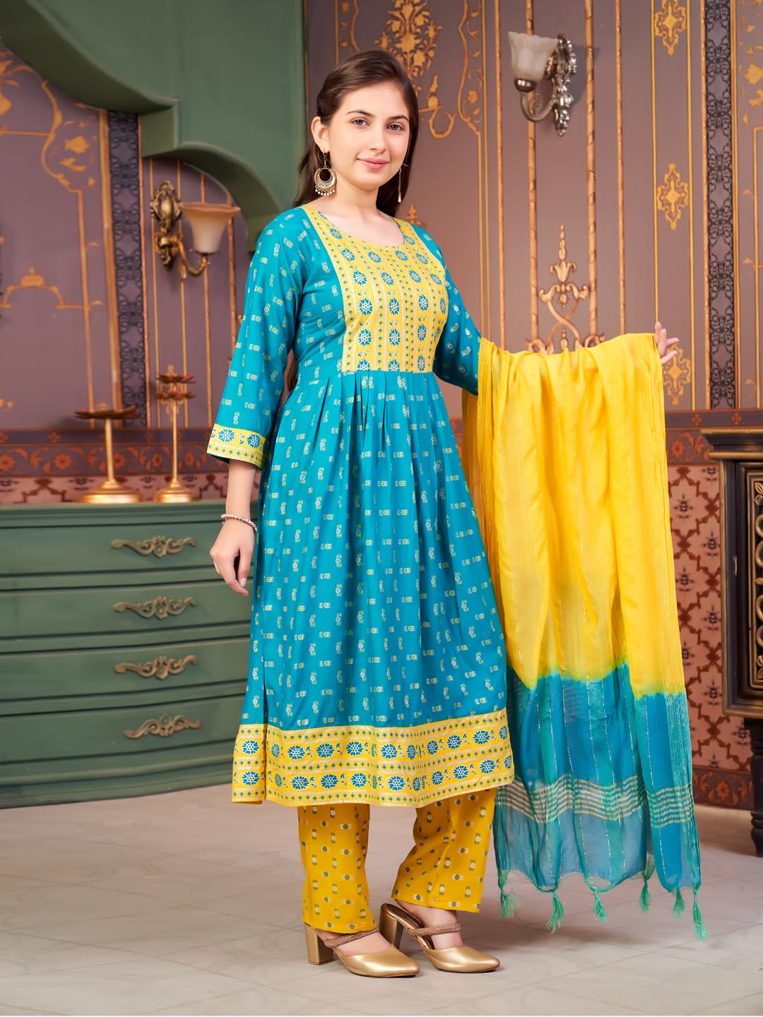 Aarika Girls Ethnic Wear Green-Yellow Colour Foil Print Rayon Kurti-8-15 Years (Kurti-Ap-803)