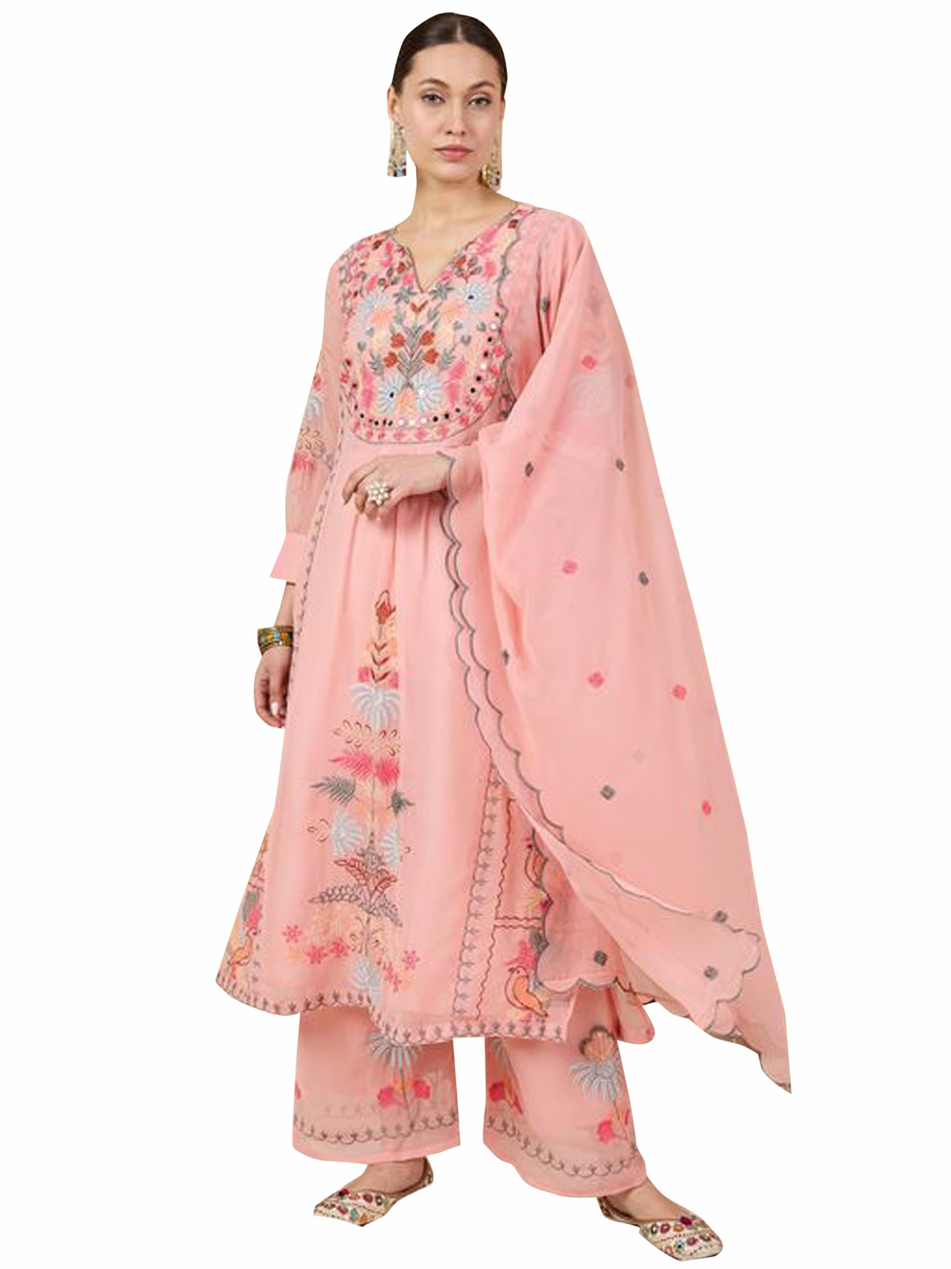 Wedani Goergette Embroidered Kurta Set for Women Peach