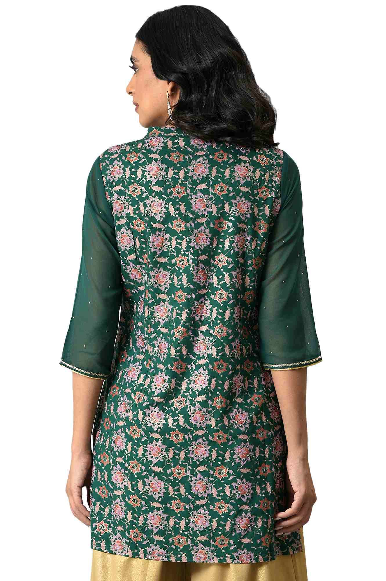 Green Floral Printed Sequined Ethnic Liva Kurta