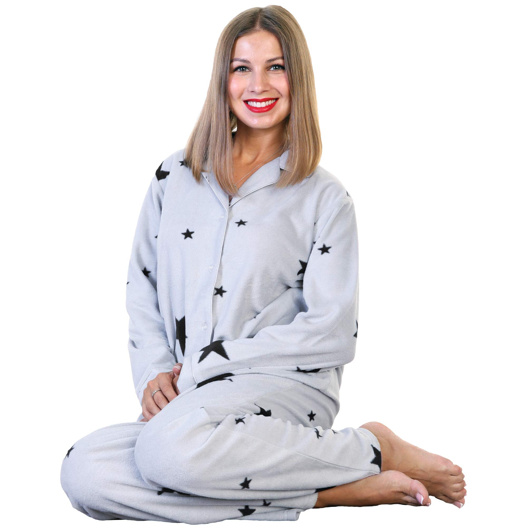 Angelina Women's Cozy Fleece | Gray Star Pajamas for Women| Sweet Dreams | Star Pajama Set with Pockets PJ56_2XL