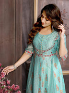 Rangita Turquoise Chanderi Anarkali Embroidered Calf Length Kurti | Kurta For Women