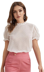 Pujia Mills Women Casual high Neck Top Puff Sleeve (Avina BUTTI) White