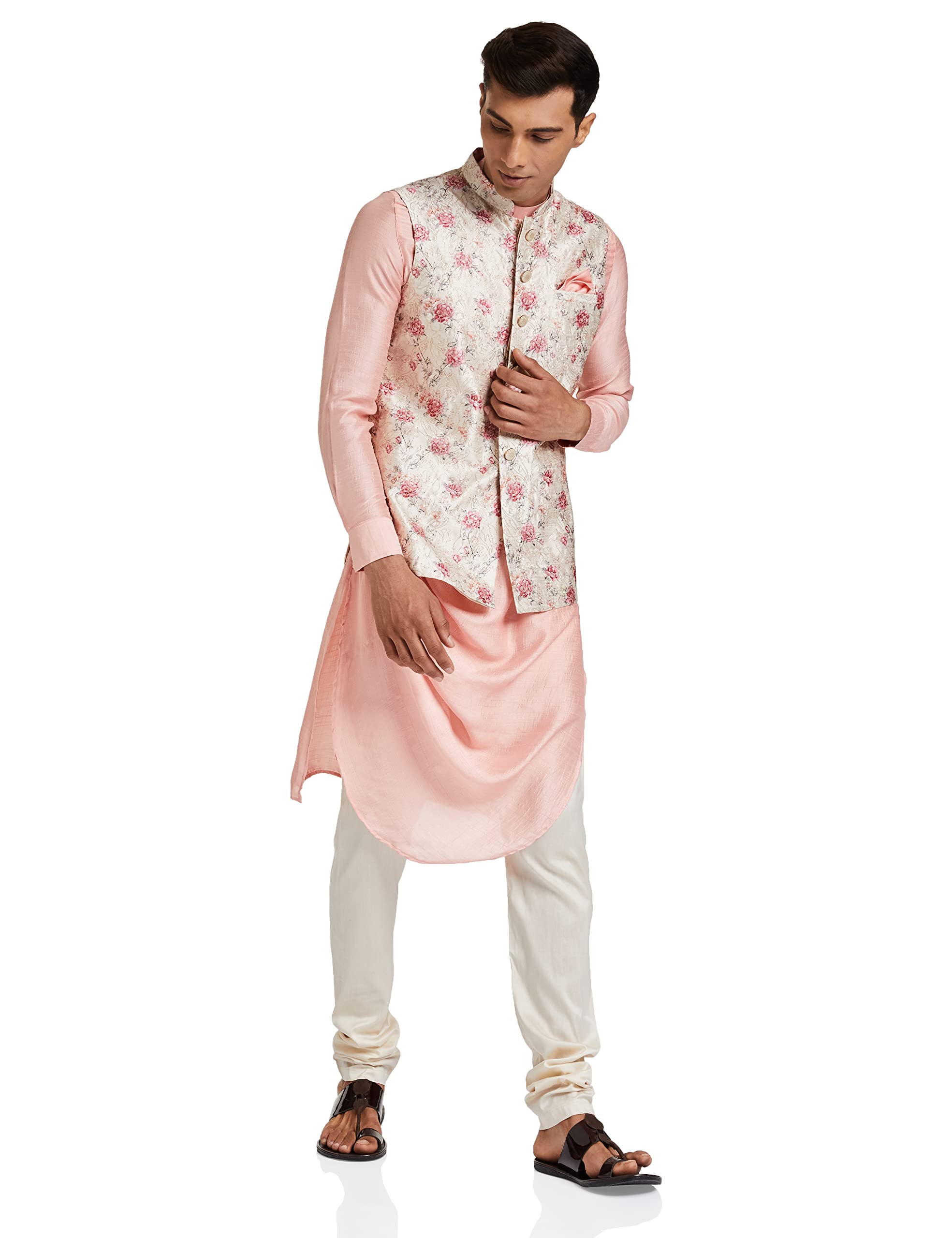 Manyavar Mens Silk Regular Ethinic Wear (JAST145-303/319-XXL_Peach_2XL)
