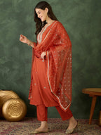 Naixa WomenS Rayon Embroidered Straight Kurta Pant Dupatta Set  Ethnic Wear, 3-Piece Set For Wedding And Festival (Nx-785-Rust-
