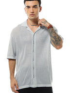 Bewakoof Mens Textured Oversized Fit Half Sleeve Collared Neck Cotton Shirt_634262_Grey_M