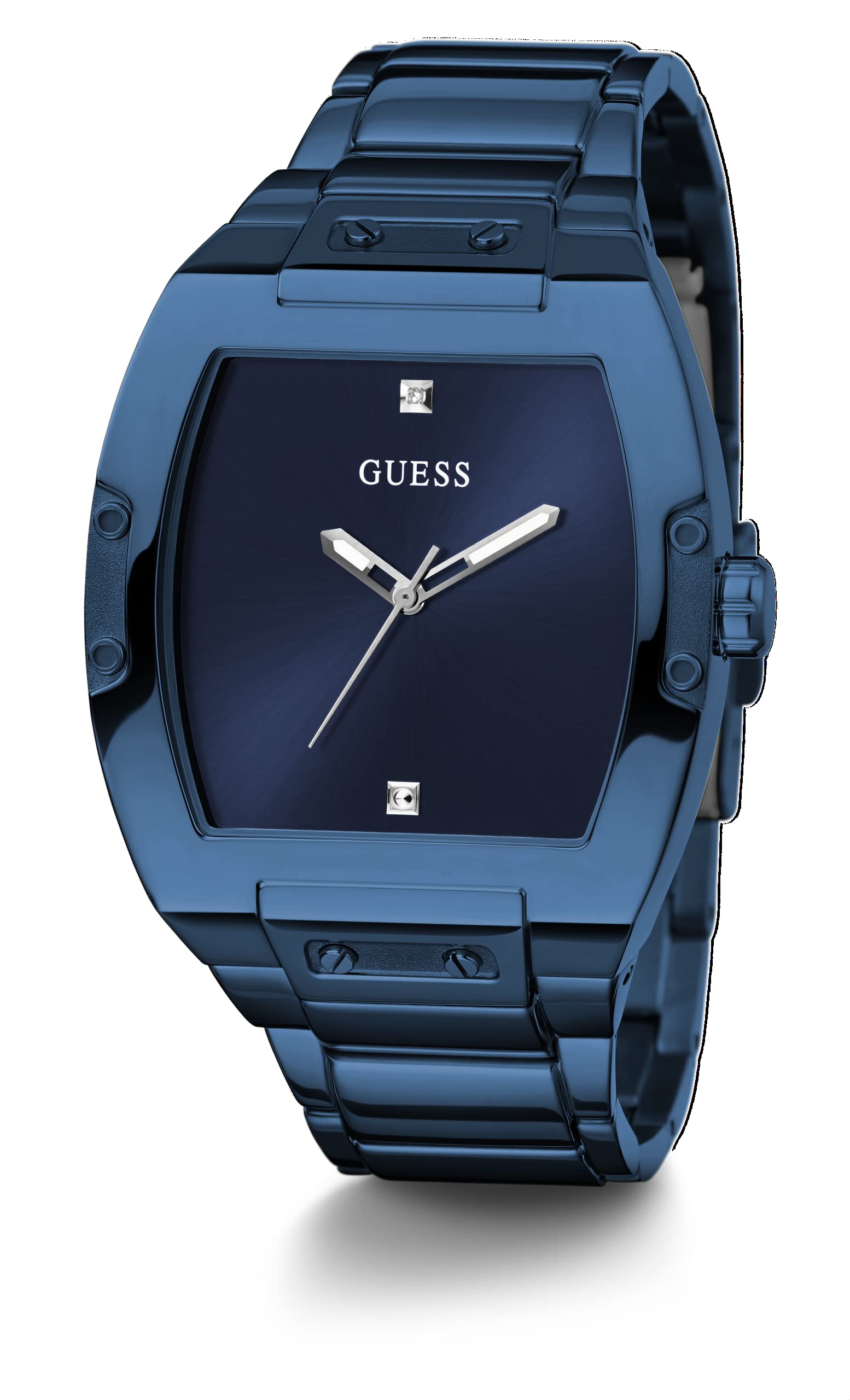 GUESS Men's Trend Casual Tonneau Diamond 43mm Watch - Blue Dial Stainless Steel Case & Bracelet