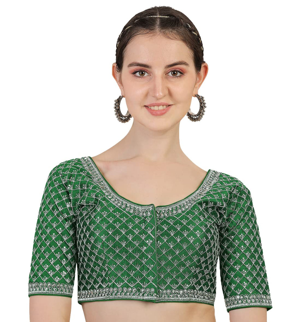 Pujia Mills Womens Heavy Silver Jari Thread Readymade Blouse for Saree Lehenga (Green, 38)