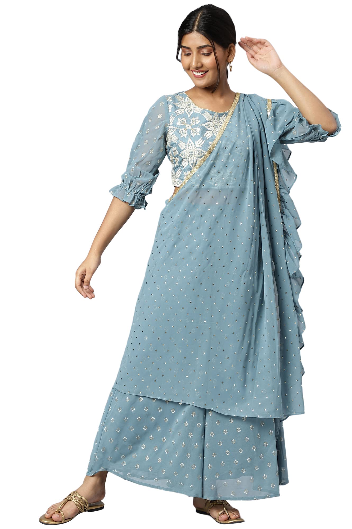 Aurelia Women Blue Mist Embroidered Crop Top With Palazzo And Drape_22AUD10504-604974_XXL