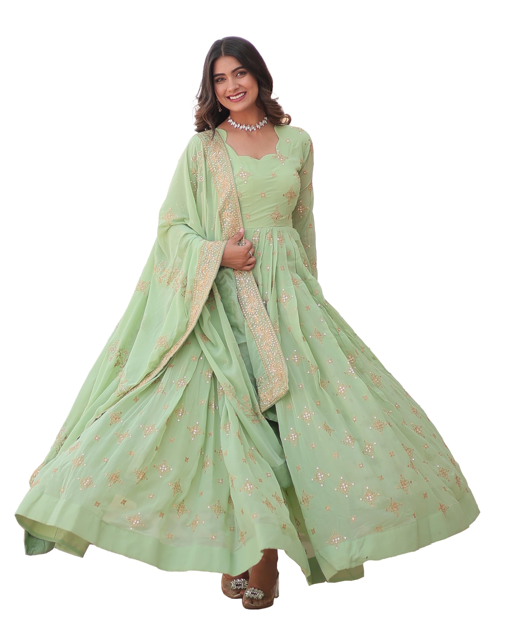 Fashion Basket Havy Georgette Embroidered Anarkali Dress For Women Green