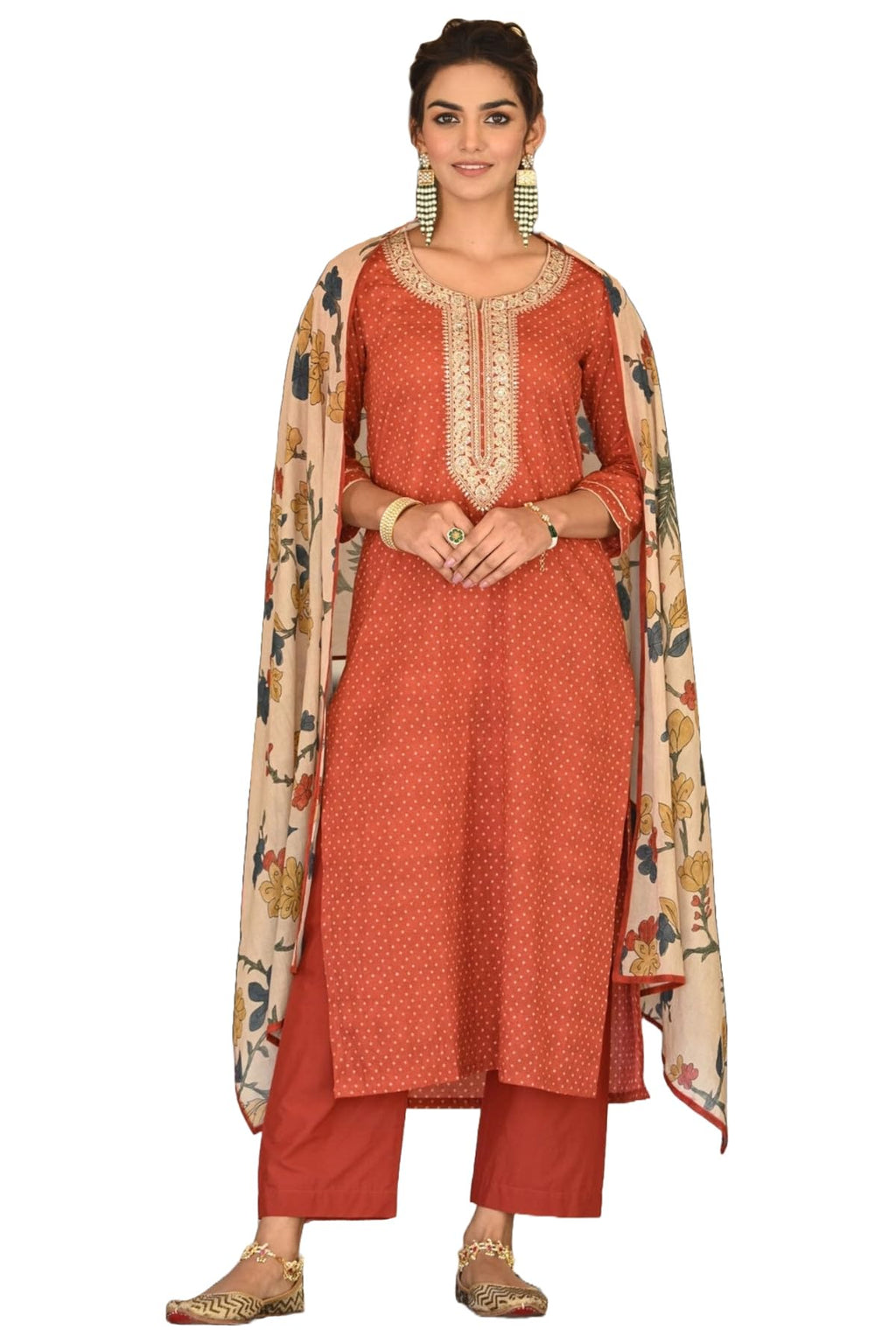 ANNI DESIGNER Womens Cotton Blend Printed Straight Kurta and Pants with Dupatta (Pradrarekha Red_XXL_Red_Xx-Large)