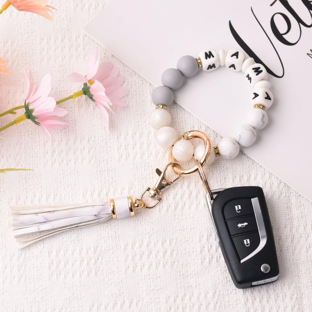 BAOSIWA Women Silicone Keychain Bracelet Beaded Wristlet Key Ring Christmas White Bangle Chains with Leather Tassel