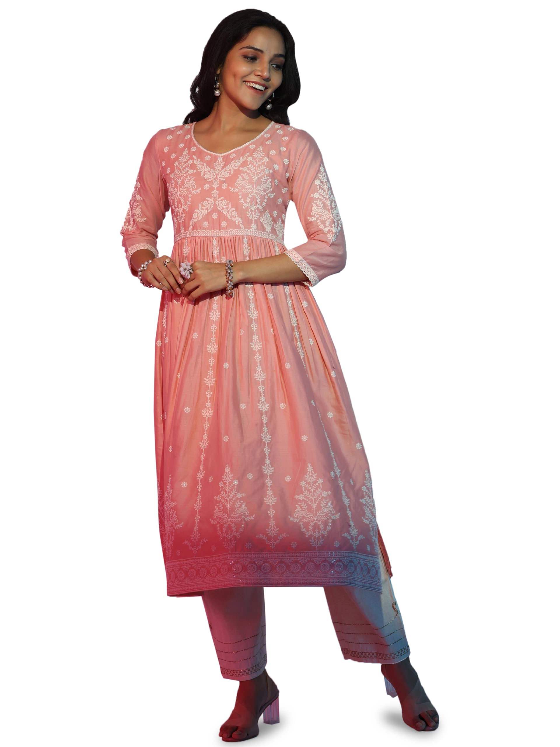 Libas WomenS Cotton Ethnic Motifs A-Line Kurta (37199_Peach
