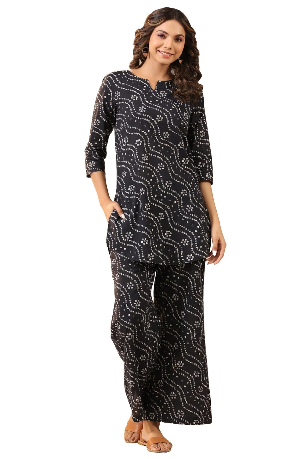 ANNI DESIGNER Womens Rayon Blend Straight Bandhej Printed Kurta & Pant (Nesta Blue_L_Blue_Large)
