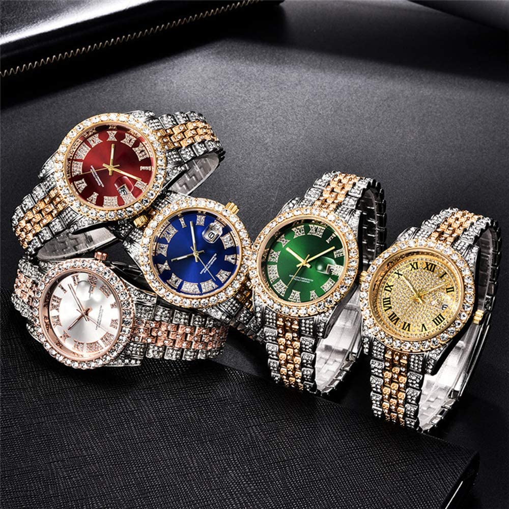 Hip Hop Watches for Men Iced-Out Bling Diamond Luxury Quartz Watches with Date (Gold)