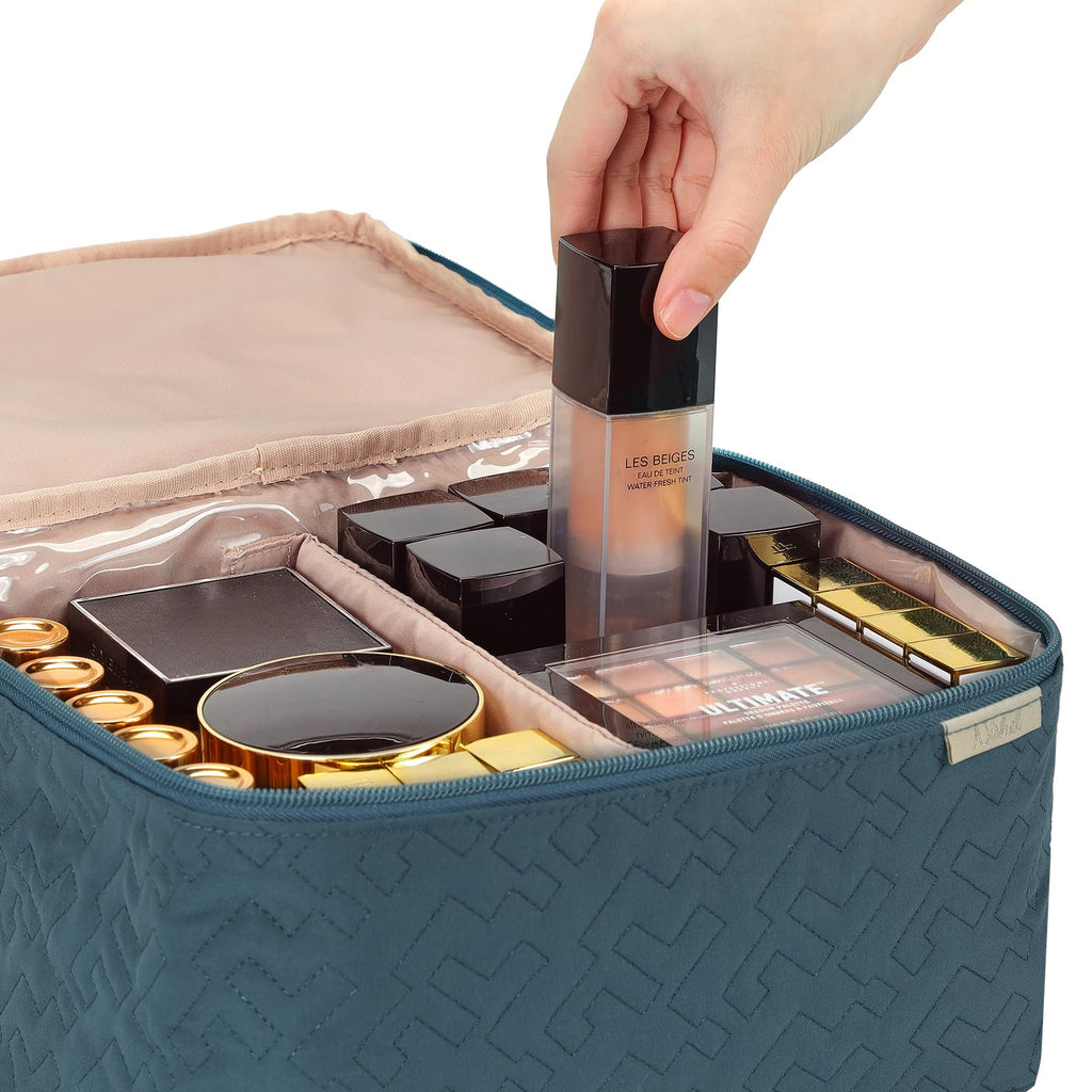 NISHEL Large Double Layer Travel Makeup Bag Women, Large Cosmetic Case, Organizer for Travel-Size Accessories Bottles, Brushes,
