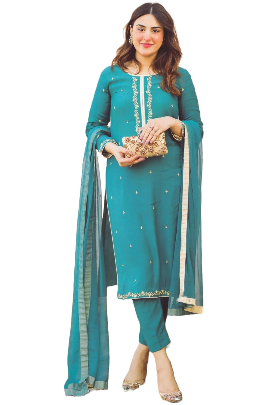 ANNI DESIGNER Cotton Blend Womens Calf Length Embroidered Straight Kurta with Pant & Dupatta