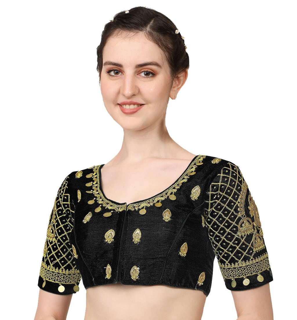 Pujia Mills WomenS Silk Readymade Stylish Design Half Sleeve Maggam Designs Pattu Aari Work Blouse For Wedding (Black Color, 38