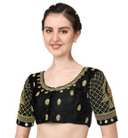 Pujia Mills WomenS Silk Readymade Stylish Design Half Sleeve Maggam Designs Pattu Aari Work Blouse For Wedding (Black Color, 38