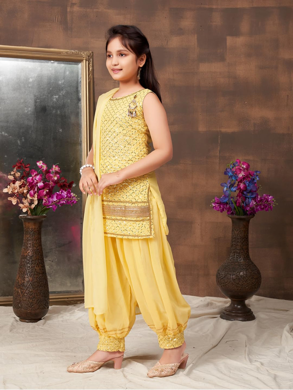 Aarika Girls Ethnic Wear Yellow Colour Sequin Embroidery Lace Work Georgette Kurti Patiala Set (10-15 Years)