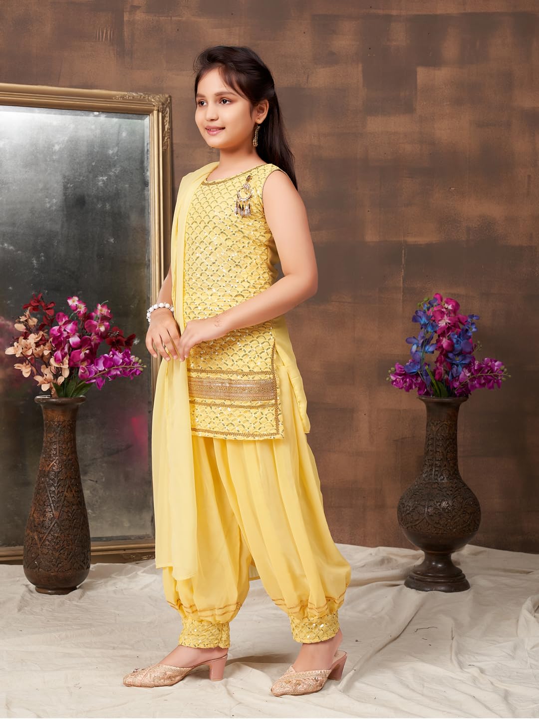 Aarika Girls Ethnic Wear Yellow Colour Sequin Embroidery Lace Work Georgette Kurti Patiala Set (10-15 Years)