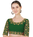 Pujia Mills Womens Phantom Silk Floral Half Sleeve Saree Blouse (MBB_green_36 Size+Margin)