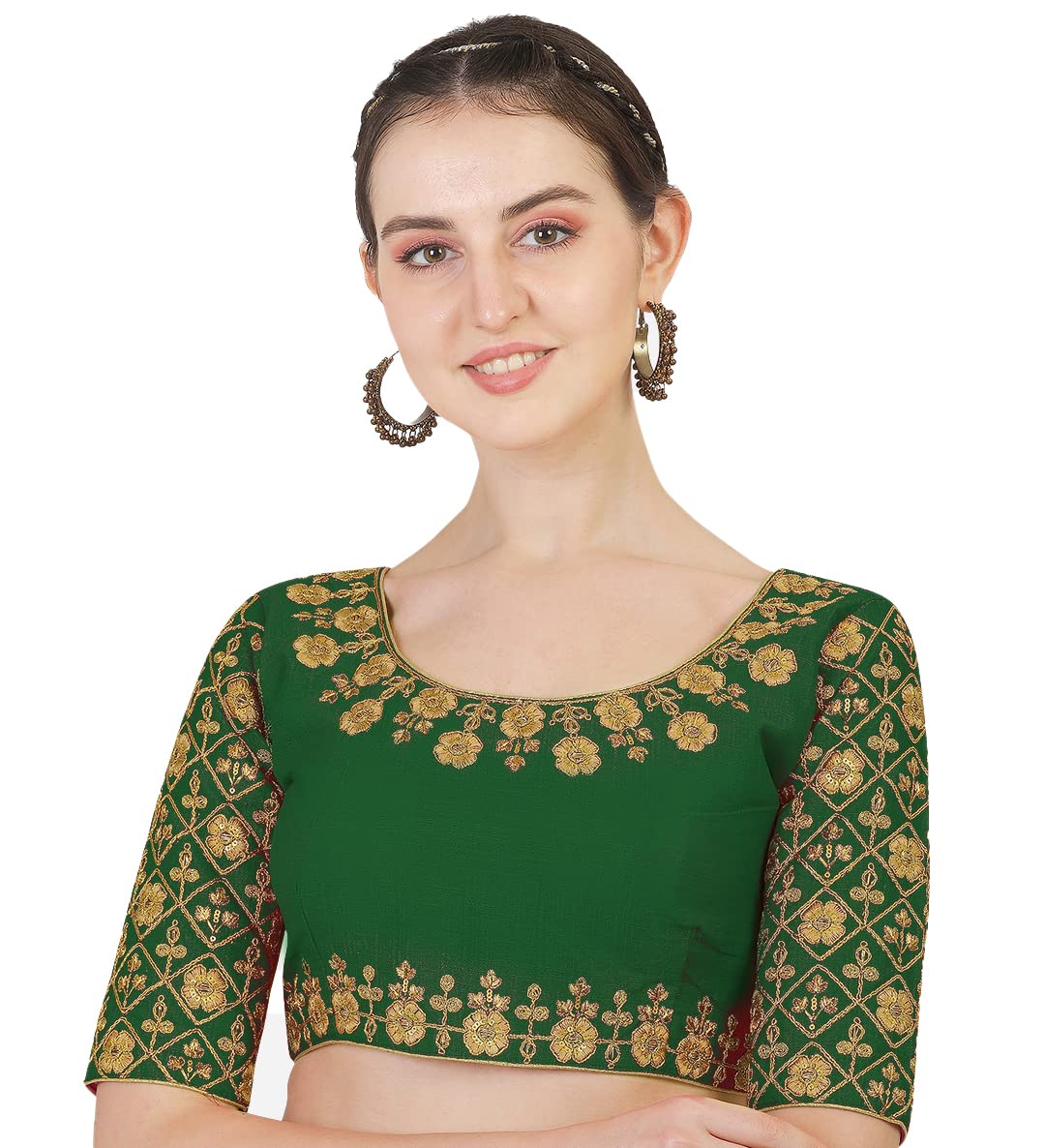 Pujia Mills Womens Phantom Silk Floral Half Sleeve Saree Blouse (MBB_green_36 Size+Margin)