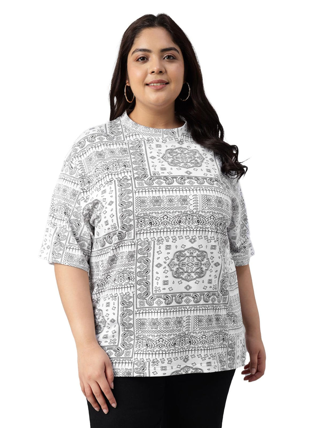 Juneberry 100% Pure Cotton Oversized Baggy Fit Stylish Paisley Bandana Print Half Sleeve Plus Size T-Shirt For Women & Girls (Jb
