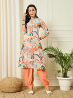 Gufrina Women'S Co-Ords Set - V Neck 3/4 Sleeve Kurti Length Top With Harem Pants, Rayon Fabric (Peach S)