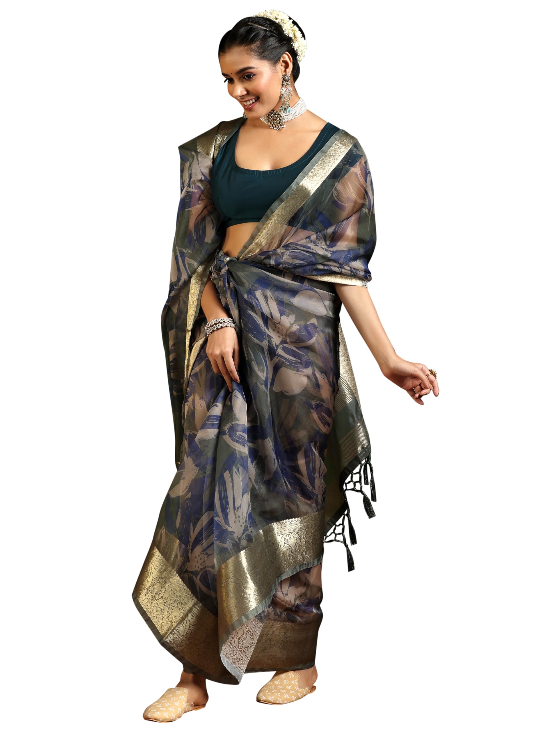 Libas WomenS Organza Saree (16152_Green)