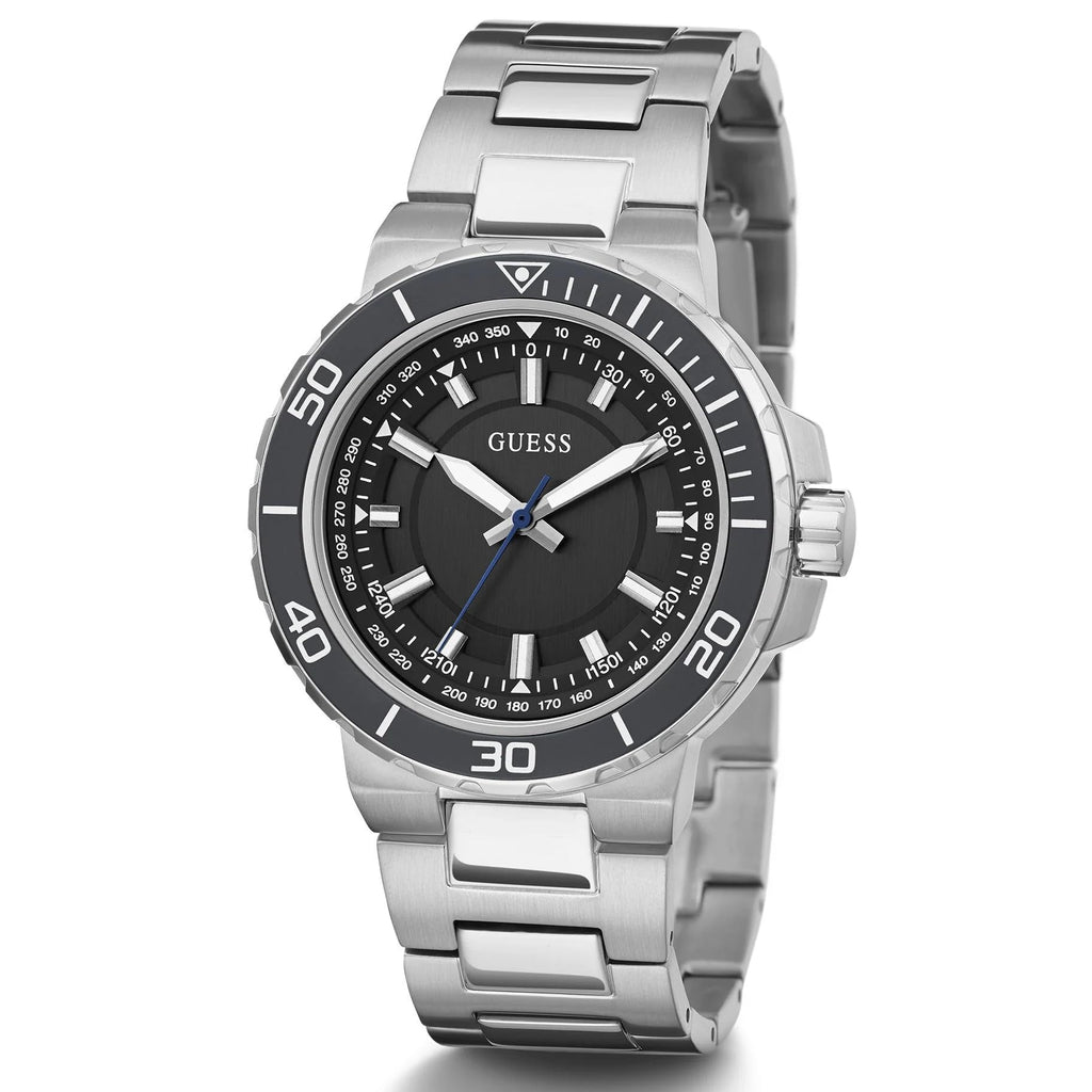 GUESS Men's Sport Diver-Inspired 44mm Watch - Black Dial Silver-Tone Stainless Steel Case & Bracelet
