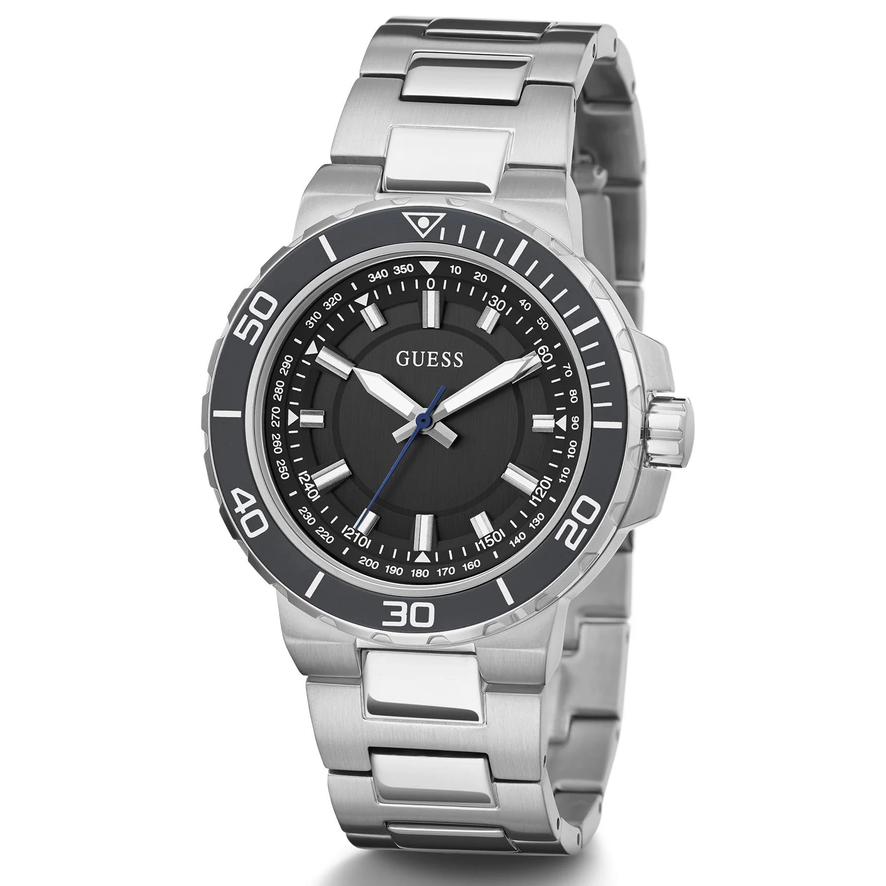 GUESS Men's Sport Diver-Inspired 44mm Watch - Black Dial Silver-Tone Stainless Steel Case & Bracelet