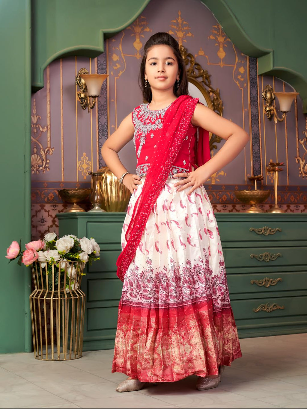 Aarika Girls Ethnic Wear Rani-Cream Colour Mirror Embroidery Georgette Lehenga Choli Set With Attached Dupatta-4-15 Years (Lch-9