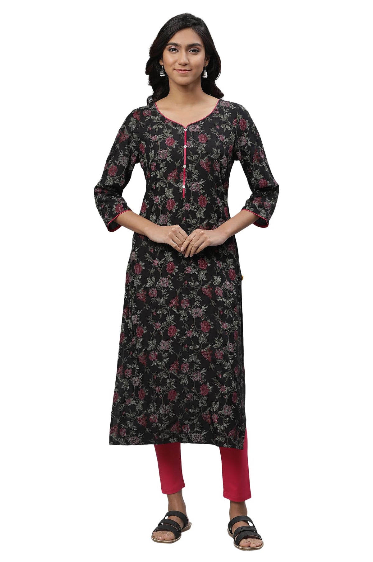 Aurelia WomenS Black Floral Printed Viscose Straight Regular Fit Kurta_23Aua14625-507413_S