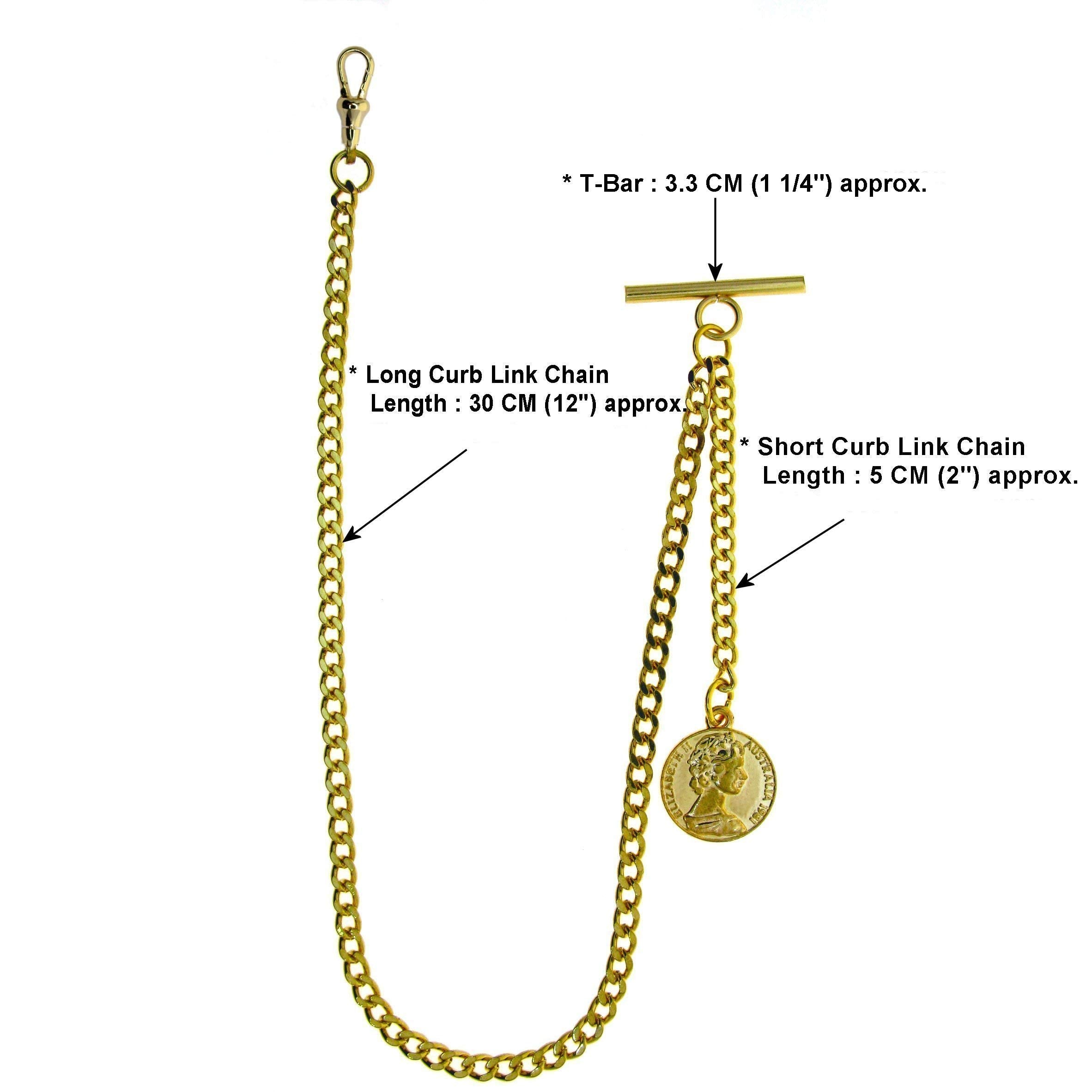 watchvshop Albert Chain Gold Tone Pocket Watch Chain Vest Chain for Men Fob T Bar with Swivel Clasp with Queen Design Medal Fob