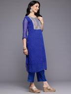 Varanga Women Navy Blue Bandhani Zari Emboridered Kurta Set With Dupatta
